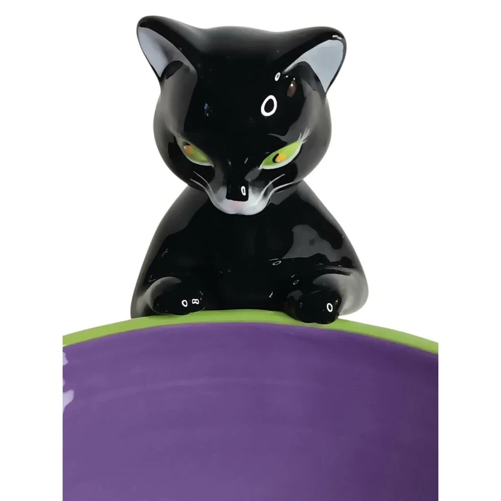 Halloween Black Cat Purple & Green Ceramic Candy Bowl By Harry & David VTG 2005
